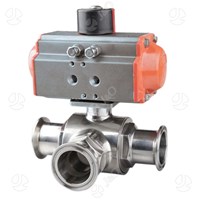Sanitary Stainless Steel Penumatic Three Way Tri Clamped Clamped Ball Valve With Aluminum Actuator